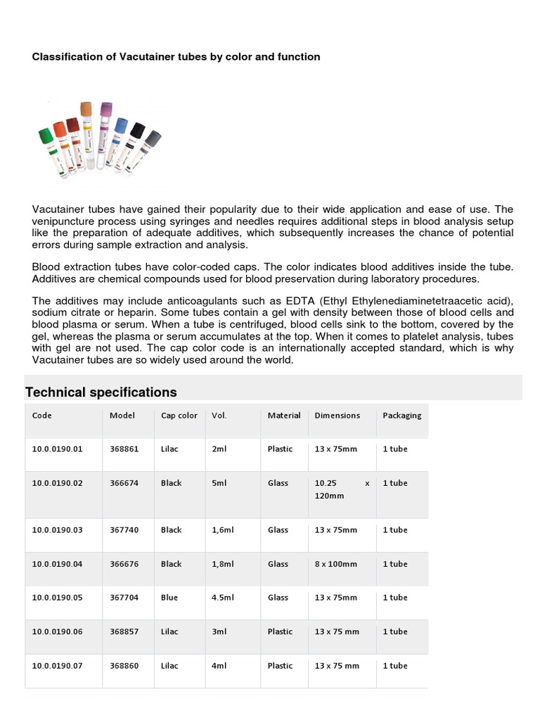 Classification of Vacutainer Tubes by Color and Function | PDF ...