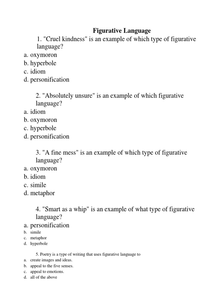 Figurative Language Quiz PDF Poetry Metaphor