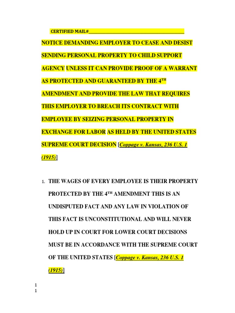 Cease and Desist: Wage Garnishment Notice | PDF | Garnishment | Child ...