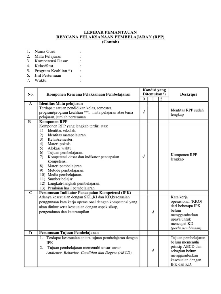 Contoh Instrumen Pemantauan RPP | PDF | Karier & Perkembangan | Seni