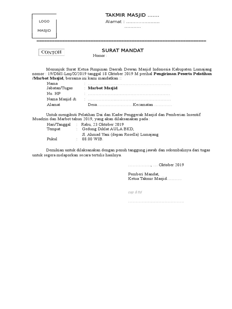 Surat Mandat Takmir Contoh 1