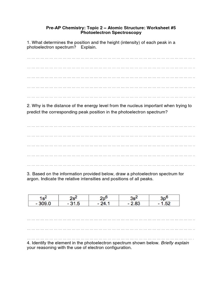 5 Topic 2 Worksheet 5 Photoelectron Spectroscopy ST PDF Electron Configuration Molecular
