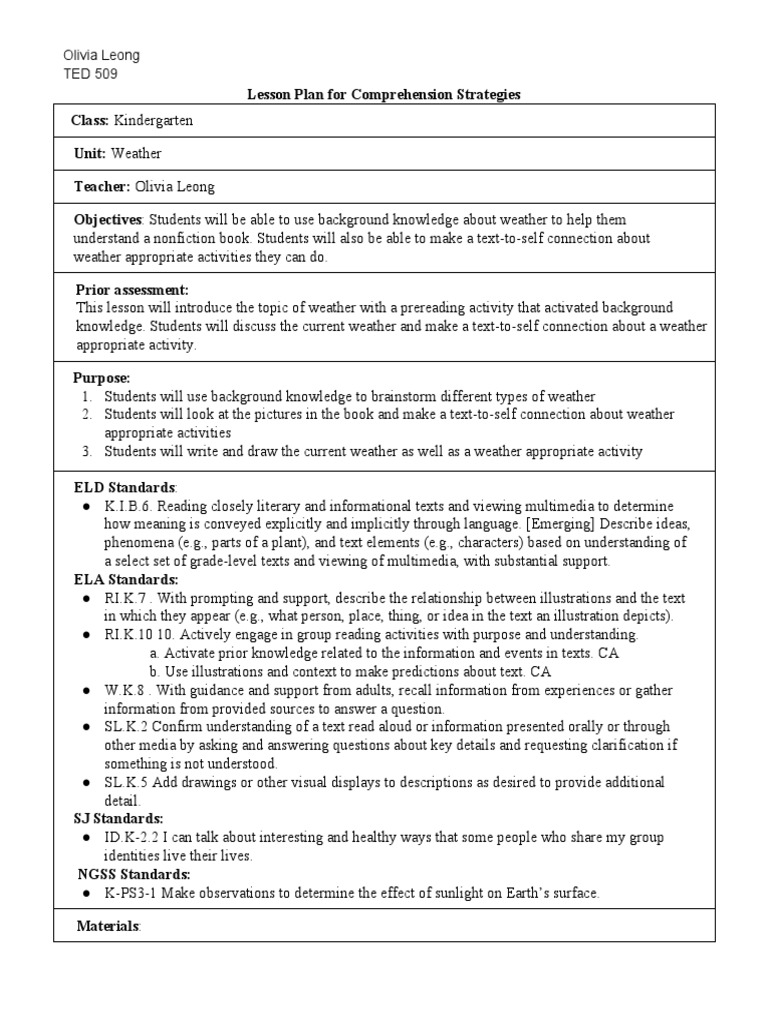 Kindergarten Weather Lesson Plan | PDF | Reading Comprehension | Vocabulary