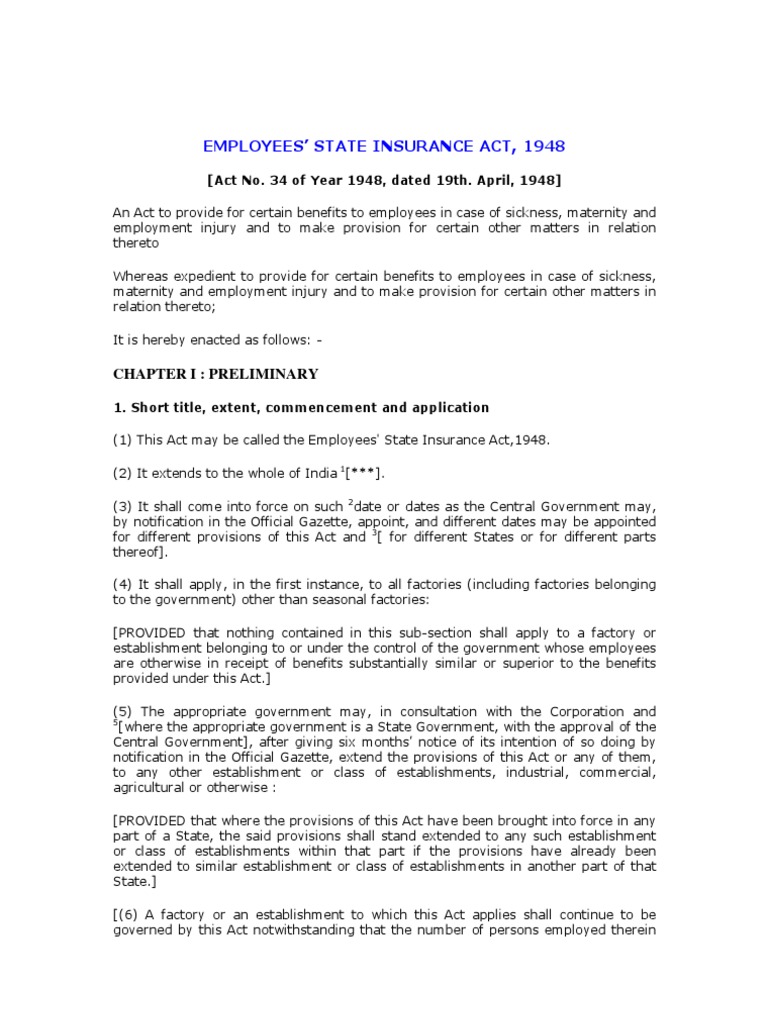 Employees State Insurance Act 1948 PDF Government Social Institutions