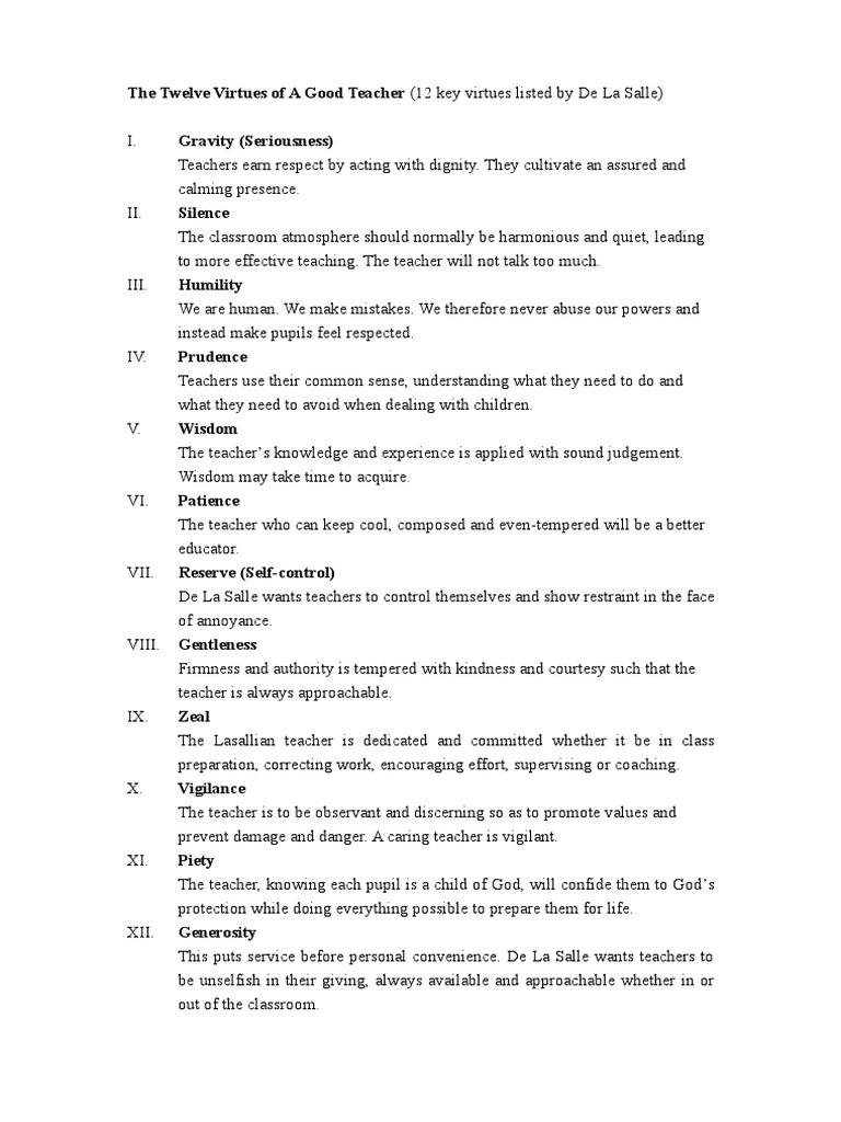 12 Virtues of a Lasallian Teacher | PDF | Career & Growth | Self ...