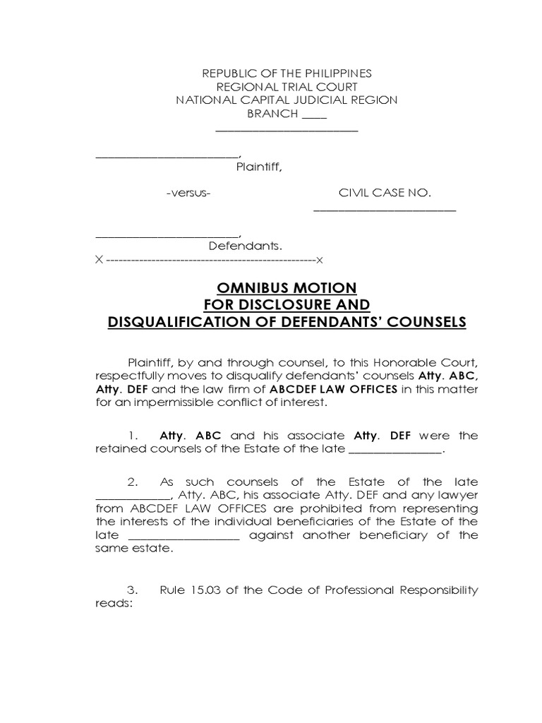 Motion To Disqualify Counsel Sample PDF Equity (Law) Lawyer