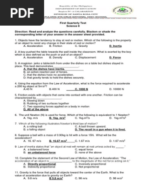 Grade 8 Science Exam | PDF | Acceleration | Force