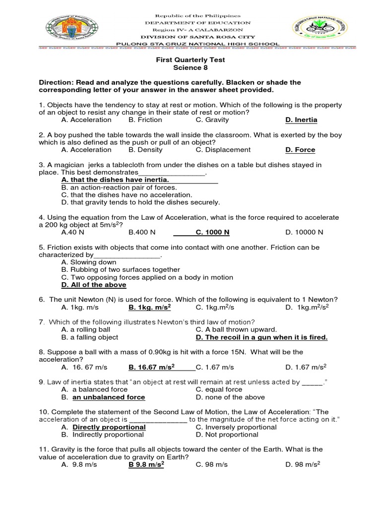 Grade 8 Science Exam Pdf Acceleration Force