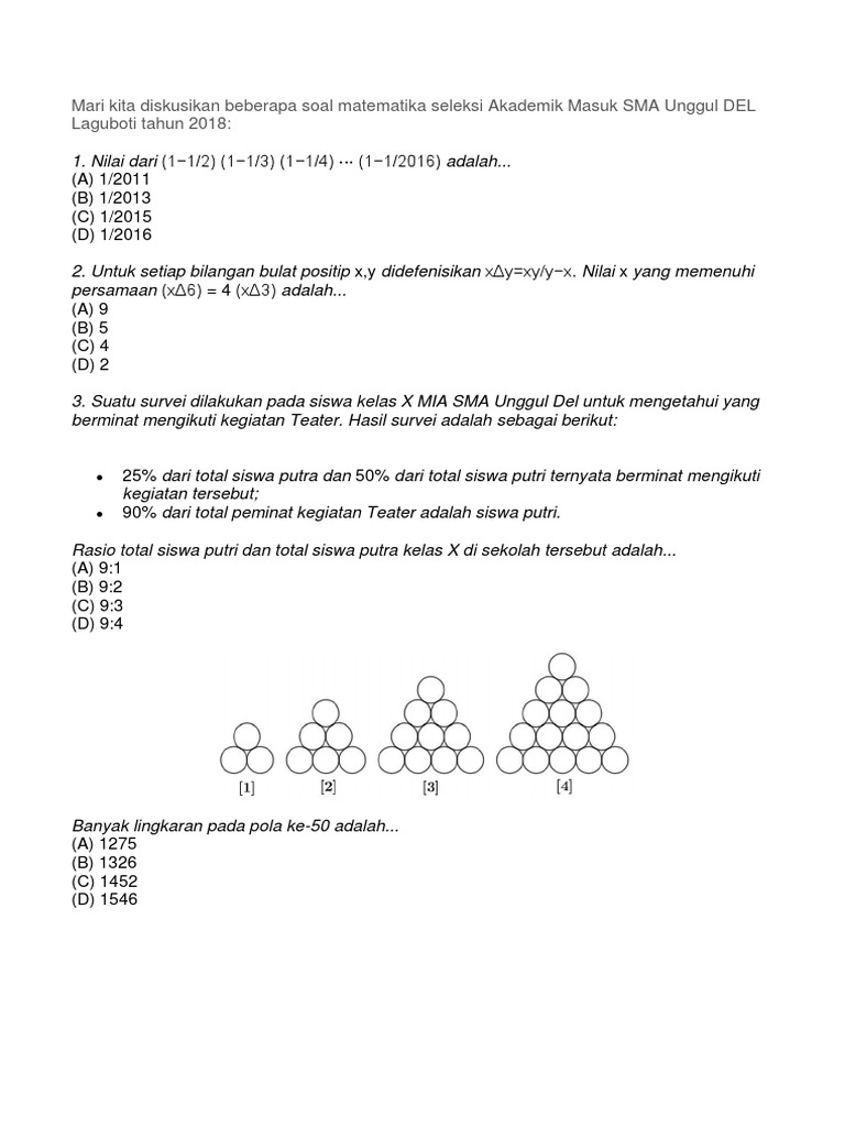 Mari Kita Diskusikan Beberapa Soal Matematika Seleksi Akademik Masuk Sma Unggul Del Laguboti Tahun 2018