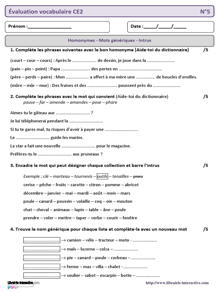 Les Mots Génériques Cm2 Exercices Pdf 05 Homonymes - Mots Generiques - Intrus | PDF