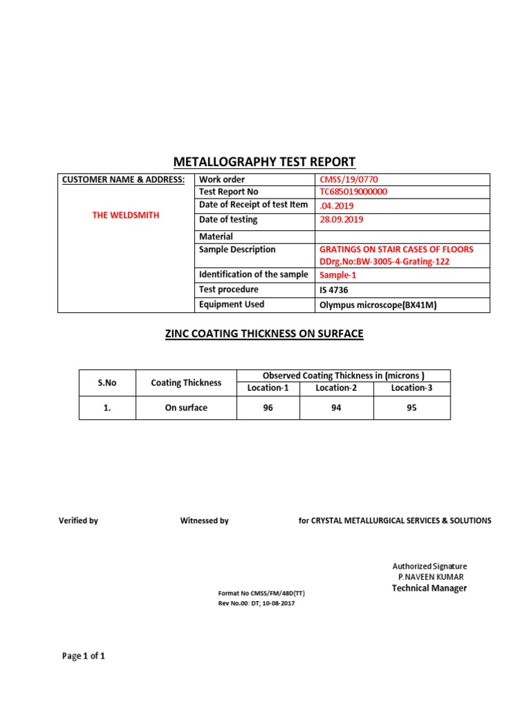 Metallography Test Report Zinc Coating Thickness On Surface PDF