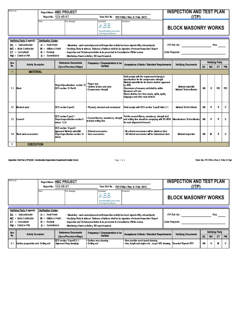 Inspection Test Plan for Block Masonry | PDF | Specification (Technical ...