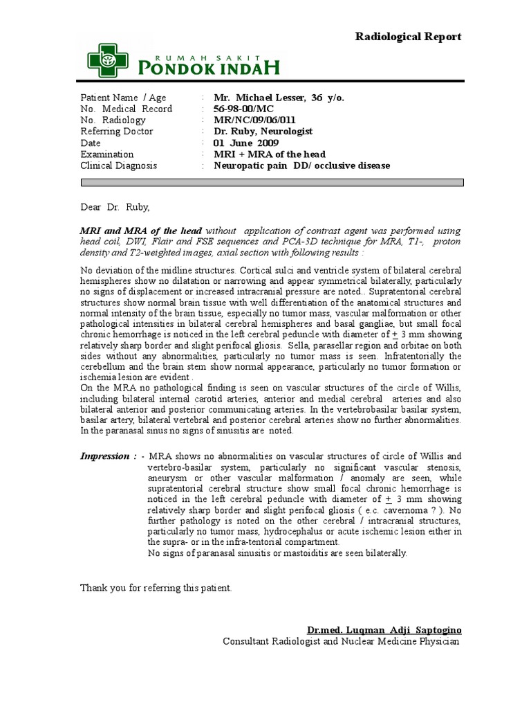 MRI/MRA Findings: No Vascular Abnormalities | PDF | Magnetic Resonance ...