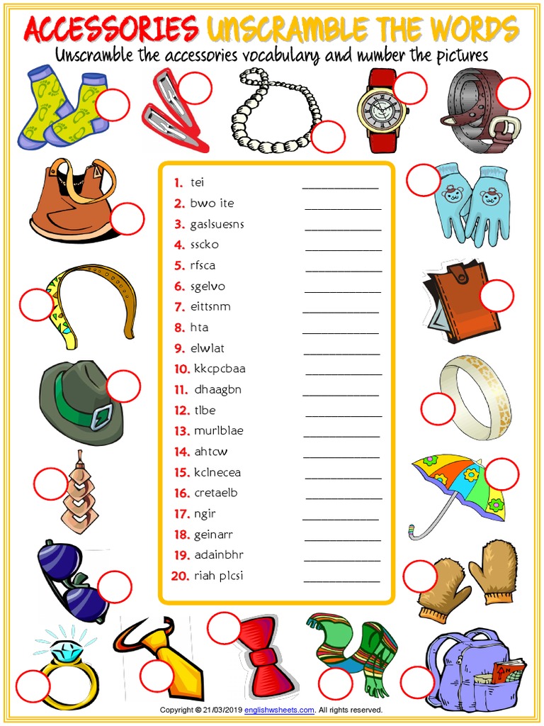 Accessories Vocabulary Esl Unscramble The Words Worksheet For Kids