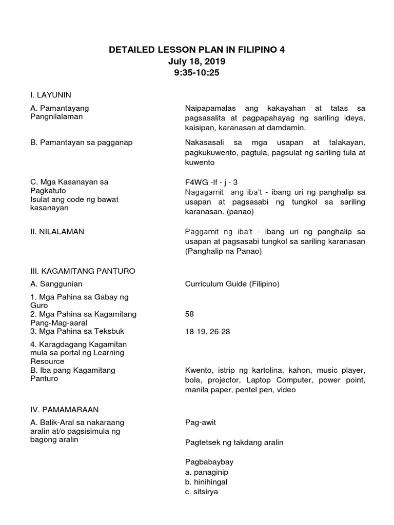 Sample Lesson Plan In Filipino 4 Matatag Curriculum Grade