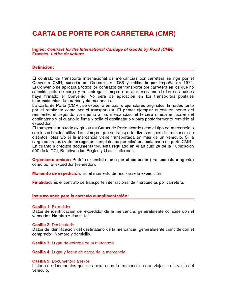 Ejemplo De Carta De Porte CMR PDF Servicio De Env o Economias