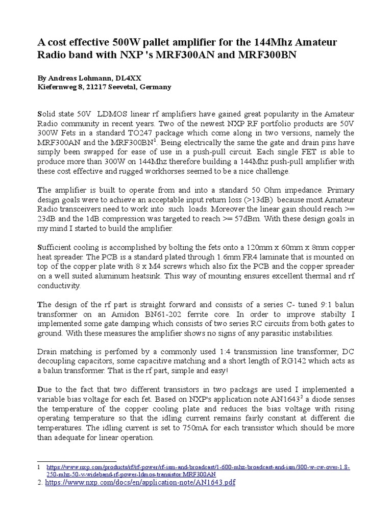 NXP Homebrew RF Design Challenge MRF300AN & MRF300BN 144Mhz Linear