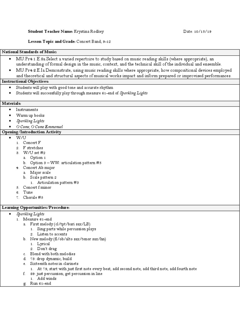 Student Teacher Name Krystina Rodkey Lesson Topic and Grade Concert