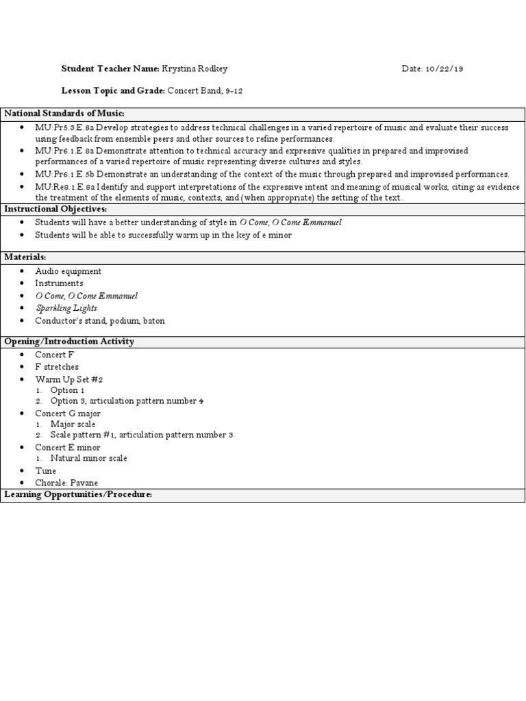 Student Teacher Name Krystina Rodkey Lesson Topic and Grade Concert