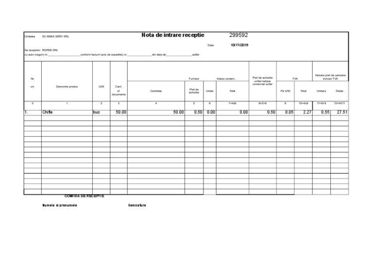 Nota de Intrare Receptie: 1. Chifle Buc 50.00 50.00 0.50 0.00 0.00 0.50 ...