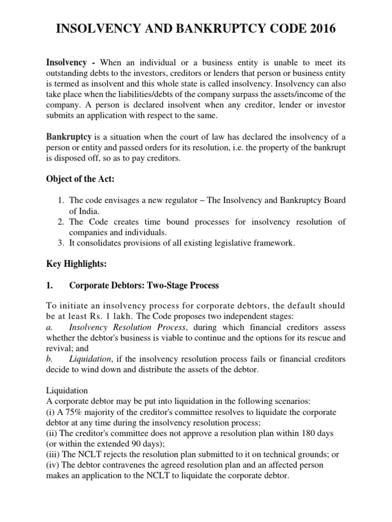 Insolvency and Bankruptcy Code 2016 | PDF | Insolvency | Bankruptcy