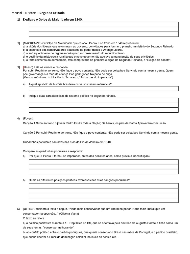 Questões Segundo Reinado | PDF | Brasil | Café