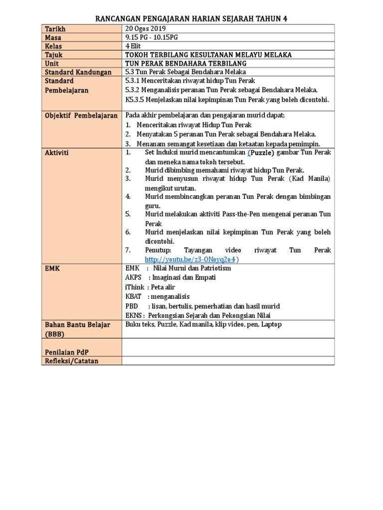 Rancangan Pengajaran Harian Sejarah Tahun 4  PDF