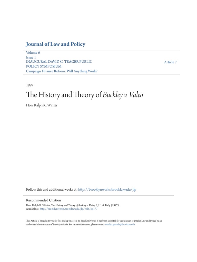 The History and Theory of I Buckley v. Valeo I PDF Buckley V