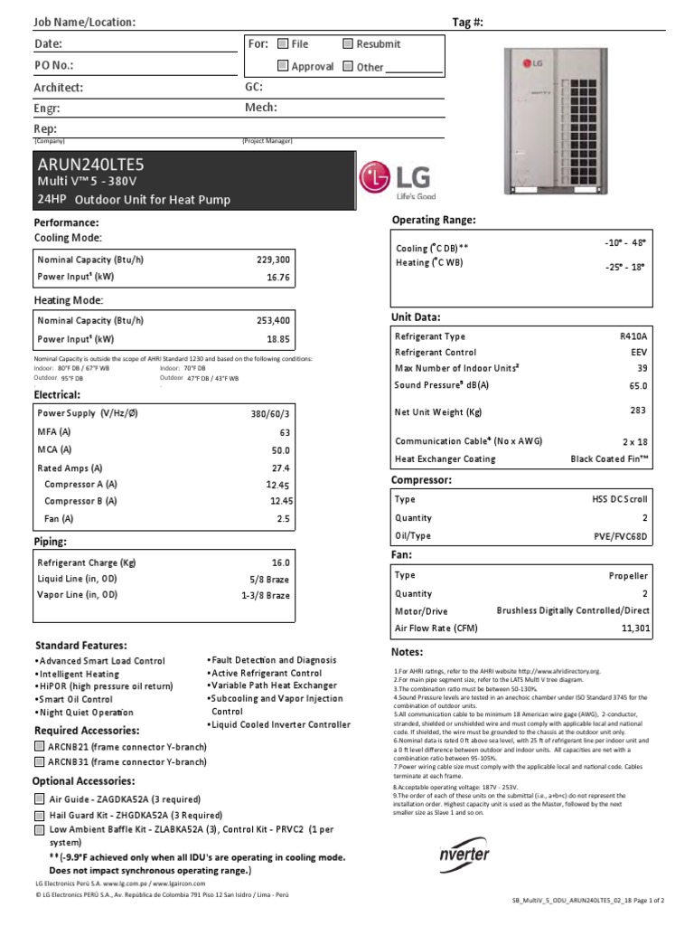 ARUN240LTE5 PDF Air Conditioning Electrical Engineering