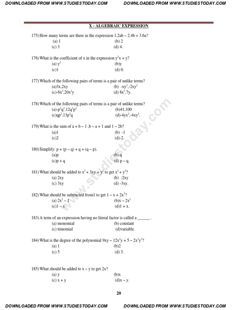 Class 7 Algebraic Expressions MCQs | PDF | Mathematical Analysis ...
