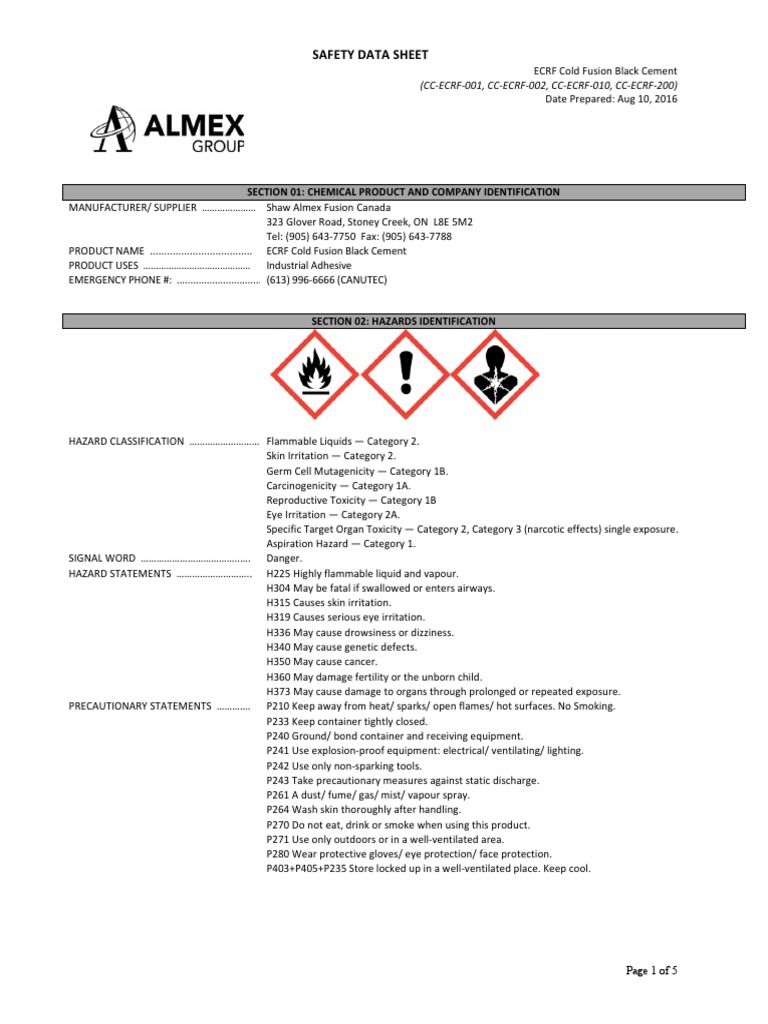 ECRF Cold Fusion Black Cement MSDS | PDF | Toxicity | Personal ...