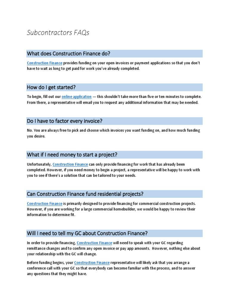 Construction Finance Subcontractor FAQs | PDF | Finance & Money Management