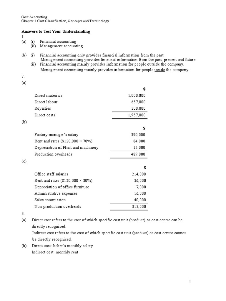 Answers To Test Your Understanding: Cost Accounting Chapter 1 Cost ...