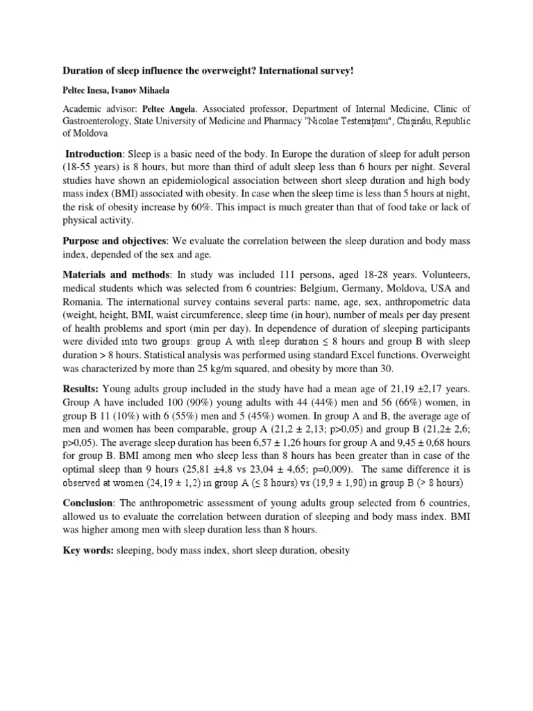 Sleep Duration and Obesity Correlation Study | PDF | Obesity | Body ...