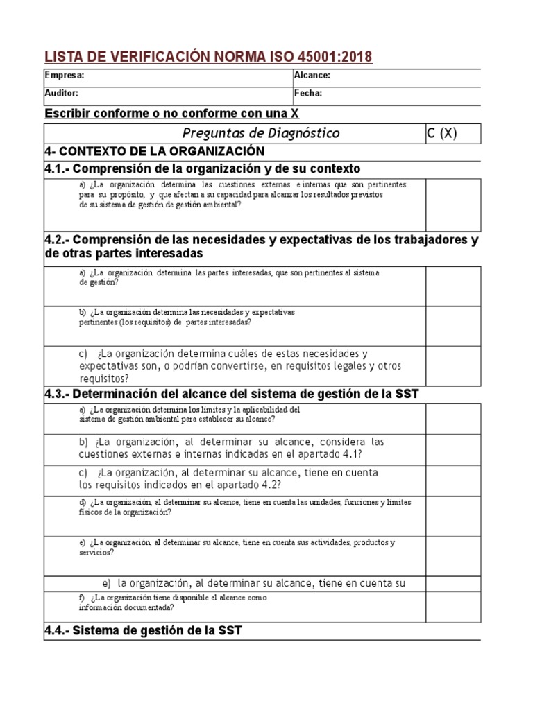 Lista de Verificación ISO 45001:2018 | PDF | Planificación | Evaluación