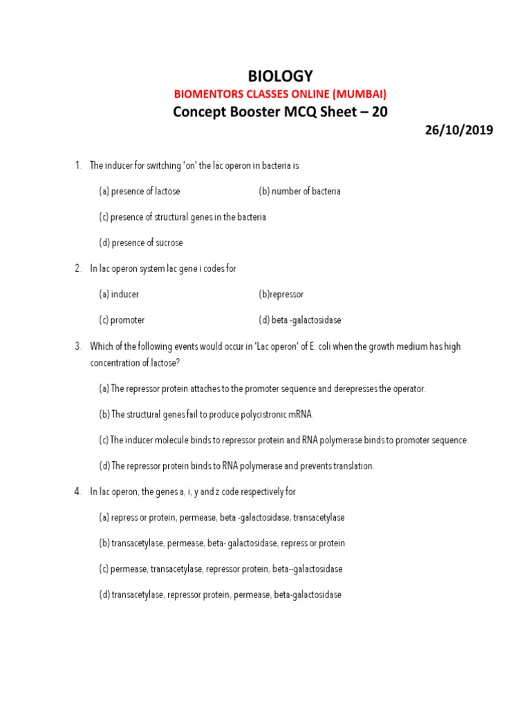 MCQ Sheet on the Lac Operon and Gene Regulation in Prokaryotes PDF