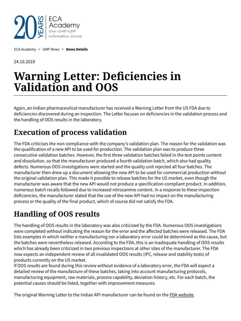 Warning Letter Deficiencies in Validation and OOS ECA Academy PDF