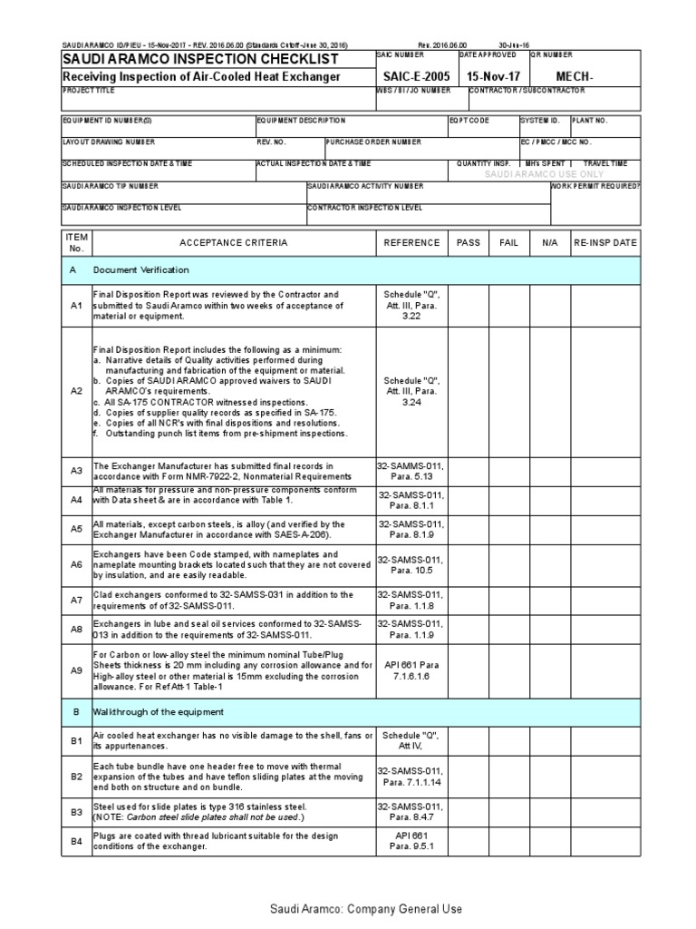 Saudi Aramco Inspection Checklist: Receiving Inspection of Air-Cooled ...