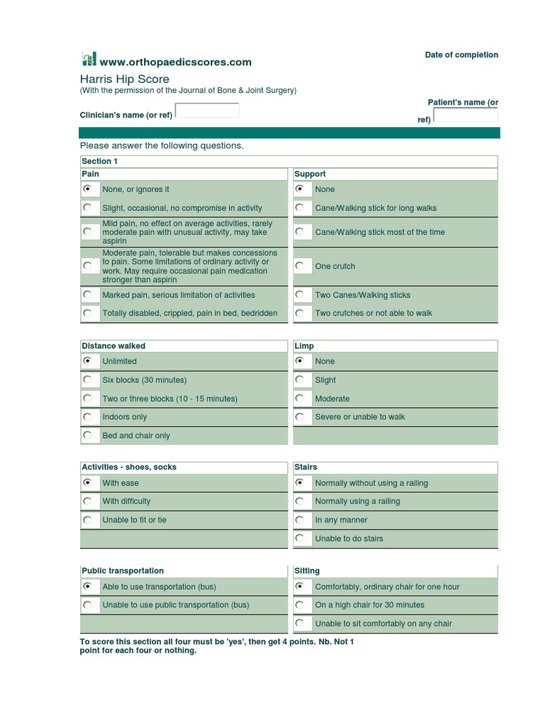 Harris Hip Score: Please Answer The Following Questions | PDF ...