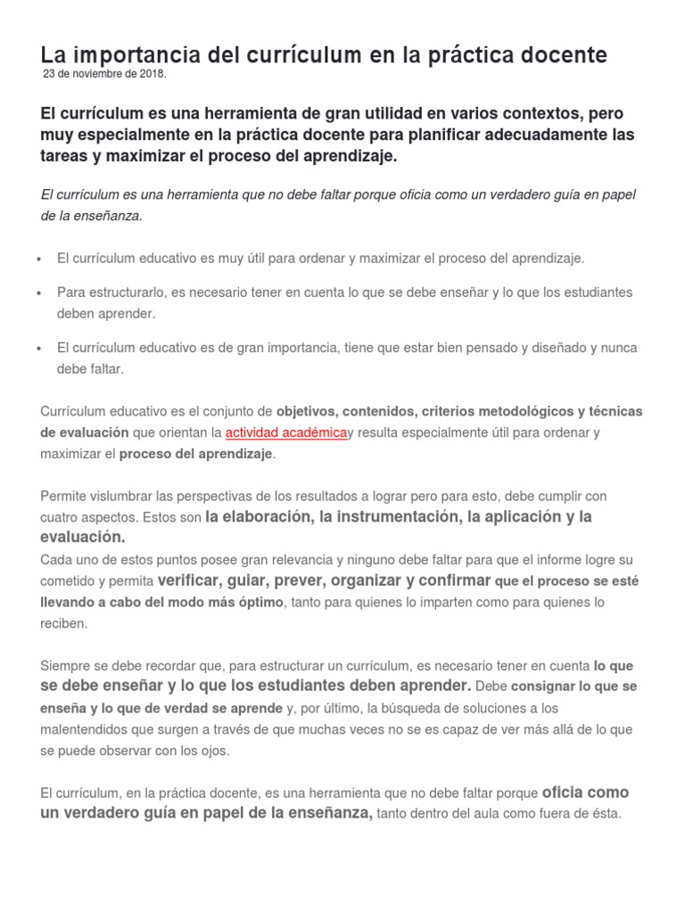 La Importancia Del Currículum en La Práctica Docente | PDF