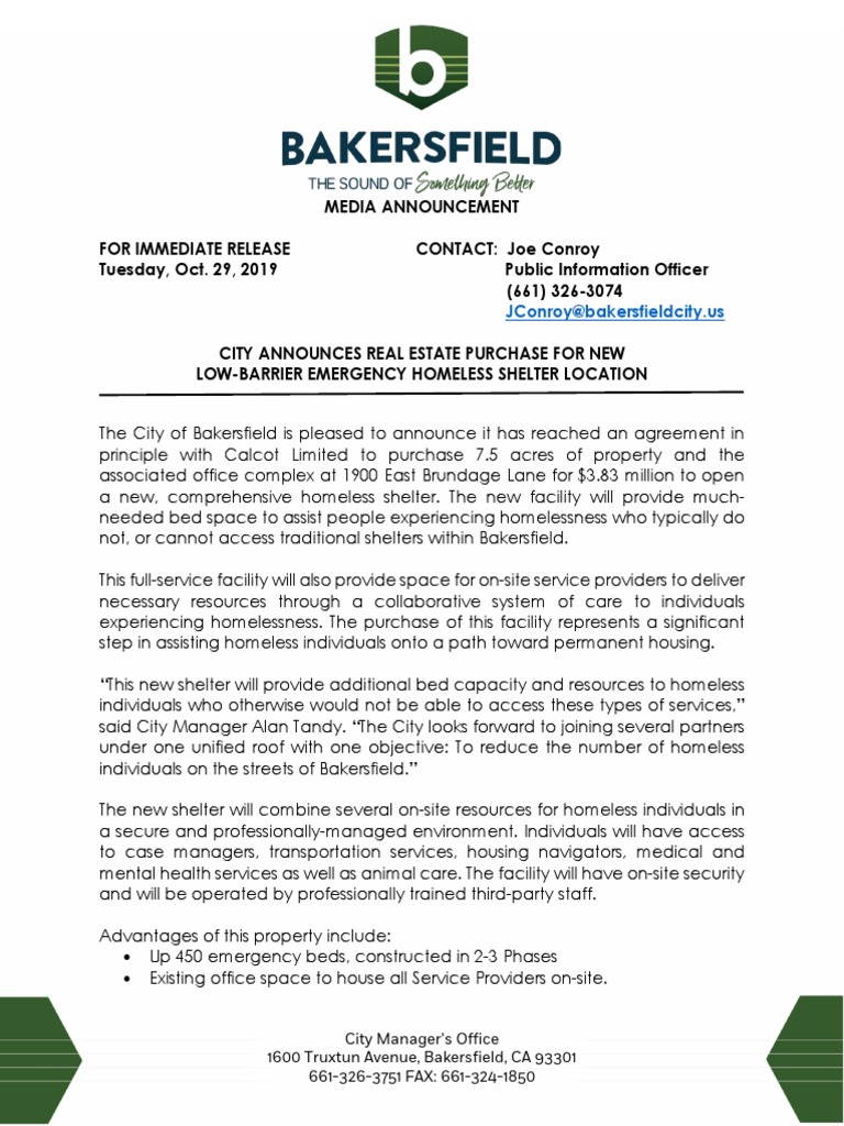 City of Bakersfield Homeless Shelter Site Agreement Homelessness
