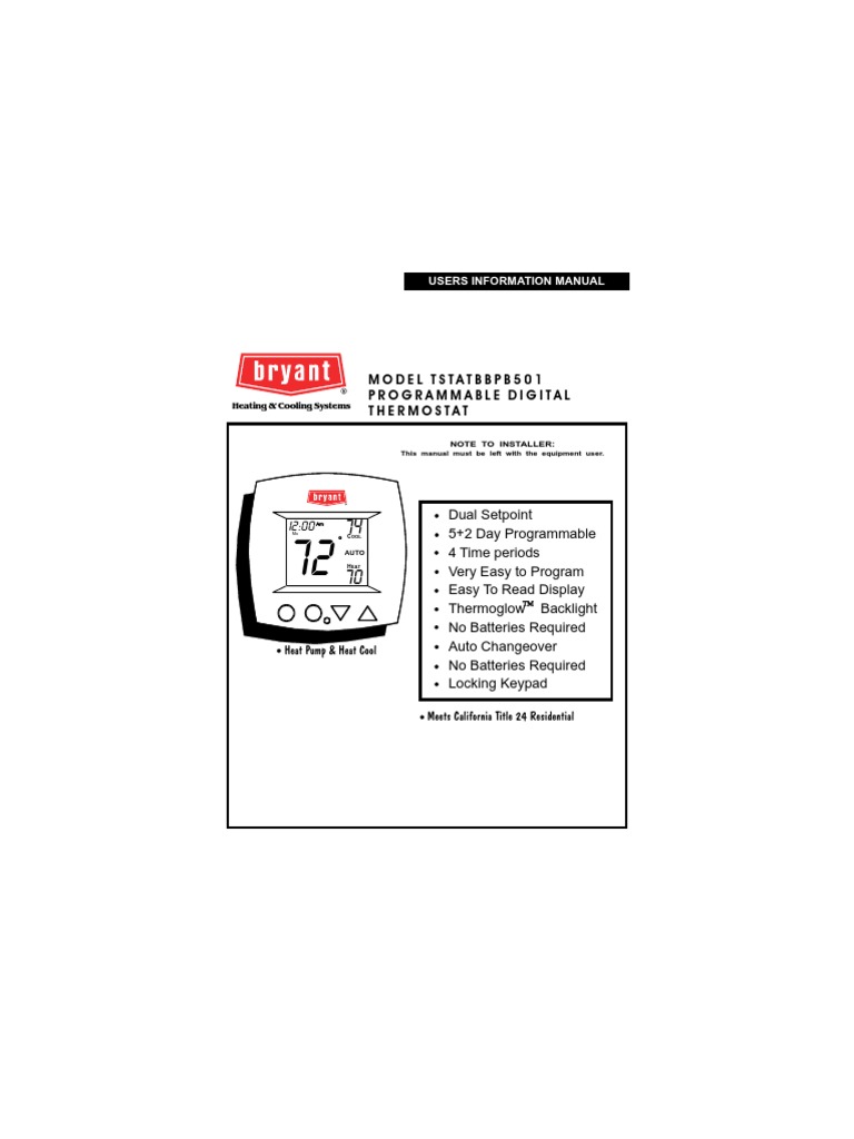 Bryant Thermostat Manual PDF Thermostat Fahrenheit