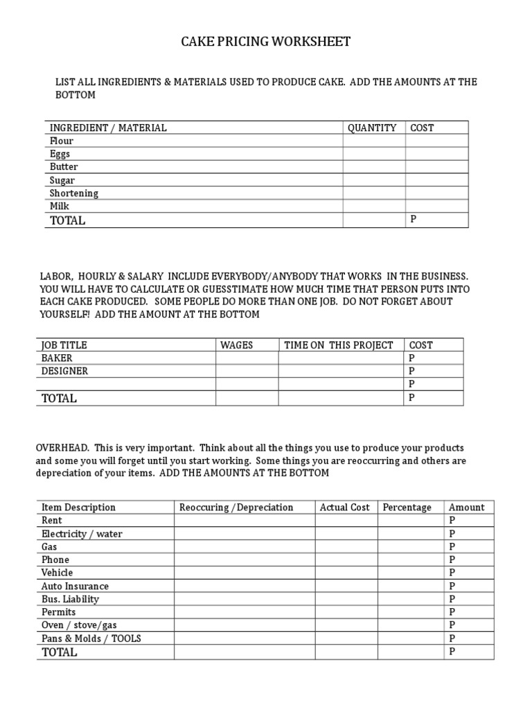 Cake Pricing and Costing Worksheet | PDF | Cakes | Business