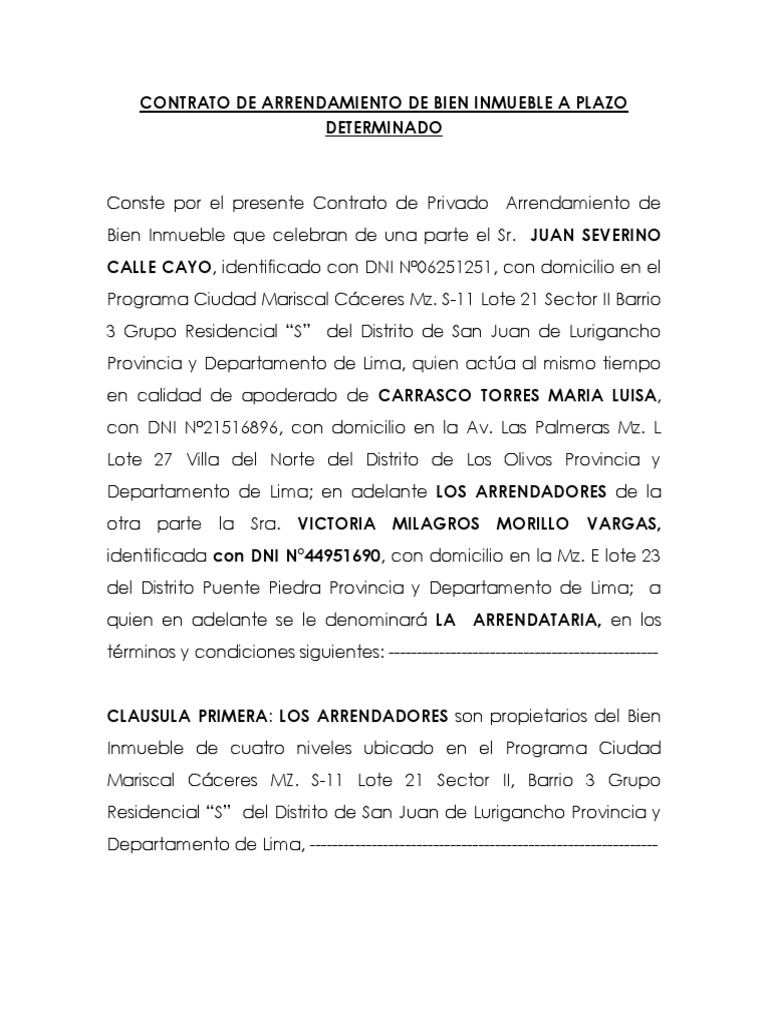 Contrato De Arrendamiento De Bien Inmueble A Plazo