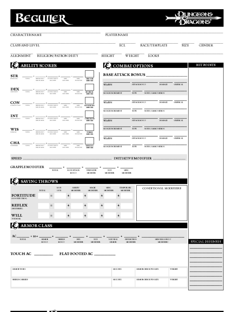 beguiler character sheet d20 system dungeons dragons