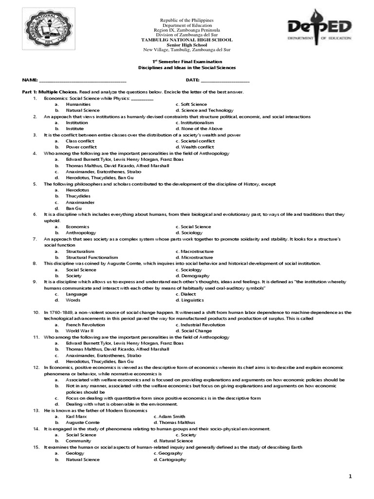 1st Semester Social Science Exam | PDF | Sociology | Social Science