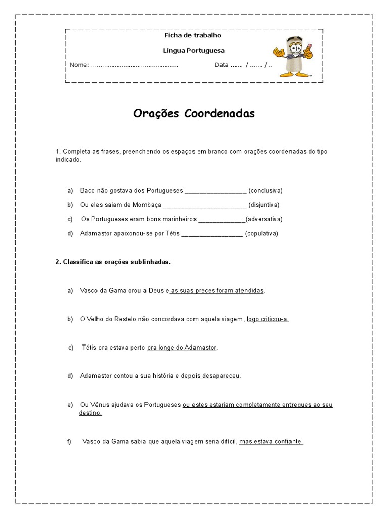 Orações Coordenadas: Ficha de trabalho Língua Portuguesa