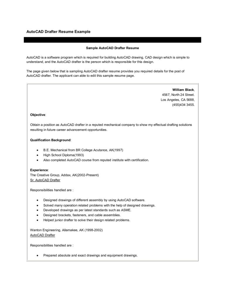 autocad drafter resume example