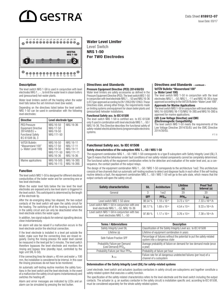 Level Switch: Water Level Limiter NRS 1-50 For TWO Electrodes | PDF ...