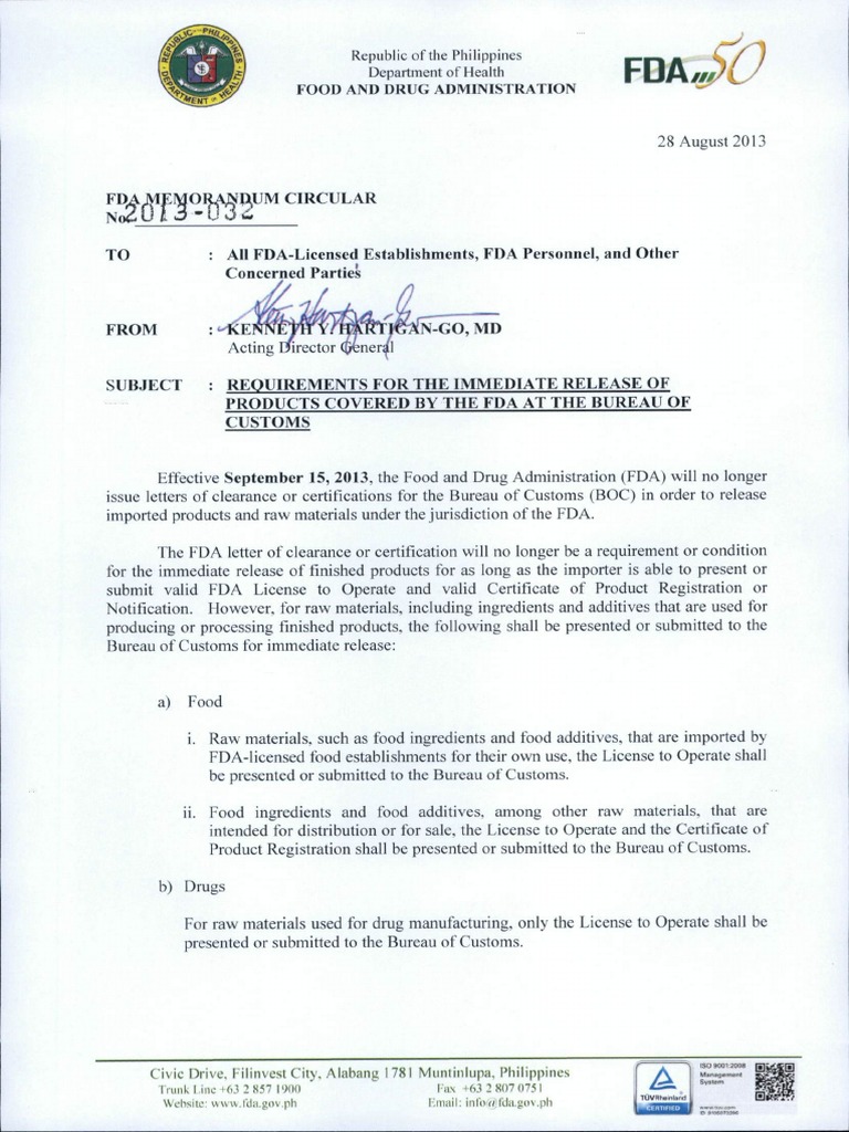 FDA Memo Circular 2013-032 | PDF
